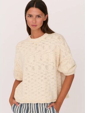 SECULAR 100% Cotton 3/4 Sleeve Sweater in Ivory Cream White Size S/M